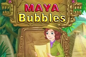 En kvinde i opdagelsesrejsende tøj holder et kort foran en gylden stentavle med teksten Maya Bubbles, omgivet af junglevegetation og pyramider