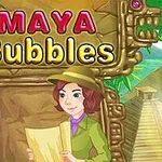 En kvinde i opdagelsesrejsende tøj holder et kort foran en gylden stentavle med teksten Maya Bubbles, omgivet af junglevegetation og pyramider
