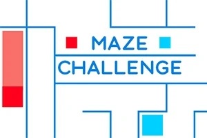 Blå labyrintmønster med teksten Maze Challenge og farvede firkanter