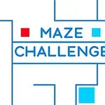 Blå labyrintmønster med teksten Maze Challenge og farvede firkanter