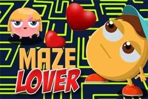 To tegneseriefigurer med store øjne står foran en labyrint, omgivet af røde hjerter og teksten MAZE LOVER