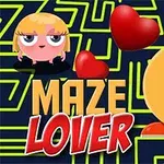 To tegneseriefigurer med store øjne står foran en labyrint, omgivet af røde hjerter og teksten MAZE LOVER