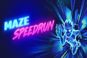 Neontekst MAZE SPEEDRUN ved siden af en lysende figur i løbe-position med dynamiske lyseffekter