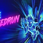 Neontekst MAZE SPEEDRUN ved siden af en lysende figur i løbe-position med dynamiske lyseffekter