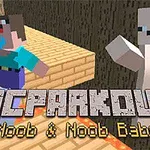 To figurer i blokstil, der løber på orange klodser ved siden af teksten MCPARKOUR Noob & Noob Baby