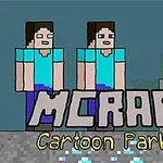 To tegnede figurer i en blocky stil står på en grå platform med teksten MCRAFT Cartoon Parkour under dem