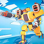 En stor gul robot med kanoner i en futuristisk, geometrisk stil med blå baggrund