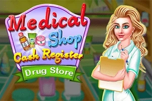 En tegnet kvinde i hvidt tøj står med en notesblok foran en farverig baggrund med teksten Medical Shop Cash Register Drug Store