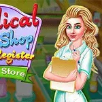 En tegnet kvinde i hvidt tøj står med en notesblok foran en farverig baggrund med teksten Medical Shop Cash Register Drug Store