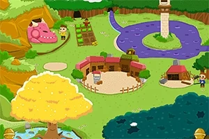 Farverig tegneserielandskab med et rundt hus i centrum, et stort gult træ til venstre, en pink dinosaur ved en hule, en snoet flod og en høj struktur i baggrunden