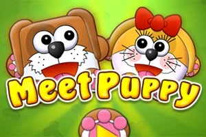 To an animerede figurer med store øjne og smilende ansigter, hvoraf den ene har en rød sløjfe, på en grøn baggrund med teksten Meet Puppy