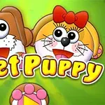 To an animerede figurer med store øjne og smilende ansigter, hvoraf den ene har en rød sløjfe, på en grøn baggrund med teksten Meet Puppy