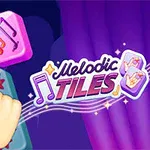 En hånd peger på lyserøde brikker med musiknoter på en farverig baggrund med teksten Melodic Tiles