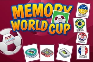 Farverigt design med teksten MEMORY WORLD CUP, billeder af fodboldstadioner, og flag fra flere lande