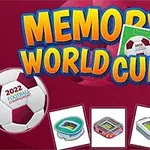 Farverigt design med teksten MEMORY WORLD CUP, billeder af fodboldstadioner, og flag fra flere lande