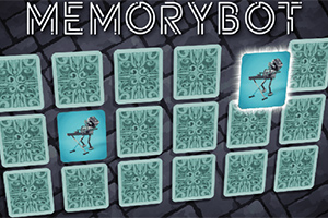 En række vendte kort med et robotmotiv på et af kortene og teksten MEMORYBOT øverst