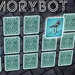 En række vendte kort med et robotmotiv på et af kortene og teksten MEMORYBOT øverst