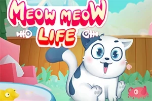Tegnet kat med store øjne og smil, omgivet af farverige genstande og teksten Meow Meow Life øverst