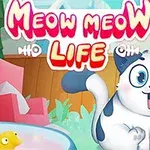 Tegnet kat med store øjne og smil, omgivet af farverige genstande og teksten Meow Meow Life øverst
