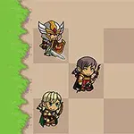 Tre animerede figurer i fantasydragter står på et ternet bræt nær en græsgrænse