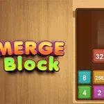 Farverige nummererede blokke på en brun baggrund ved siden af teksten Merge Block i skrift med levende farver