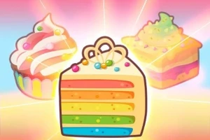 Farverig illustration af kager med regnbue lag og pyntede cupcakes