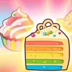 Farverig illustration af kager med regnbue lag og pyntede cupcakes