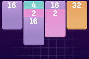Farvede brikker med numrene 16, 4, 2, og 32 arrangeret på en mørk baggrund