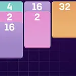 Farvede brikker med numrene 16, 4, 2, og 32 arrangeret på en mørk baggrund