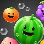 Smilende, animerede frugter som vandmelon, appelsin, ananas og drue på en mørk baggrund med bobler