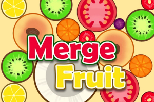 Farverige skiver af frugt, inklusive kiwi, tomat og appelsin, med teksten Merge Fruit i midten