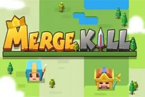 Tegneseriestil tekst med ordet MERGE KILL, omgivet af miniature karakterikoner og trælignende objekter på en landskabsbaggrund
