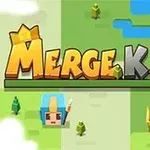 Tegneseriestil tekst med ordet MERGE KILL, omgivet af miniature karakterikoner og trælignende objekter på en landskabsbaggrund