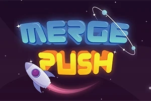 Farverig titeltekst MERGE PUSH med en rumraket og planetmotiv i baggrunden