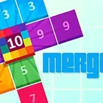 Farverige numeriske blokke med tal som 3, 5, 8, og 9 omkranser en centralt placeret blok med tallet 10, mod en lys ternet baggrund, med teksten merge 10 i midten