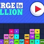 Farverige kvadrater med tal, en stor play-knap og teksten MERGE to MILLION på en blå baggrund