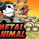Tegneseriestil dyr med militært udstyr foran en eksplosion, med teksten METAL ANIMAL i forgrunden