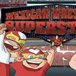 Tre animerede figurer iført wrestler-masker står foran en stor plakat med teksten Mexican Wrestling Superstars