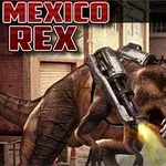 En dinosaur med maskinkanoner monteret på ryggen affyrer projektile i en urban omgivelser, med teksten Mexico Rex i øverste venstre hjørne
