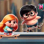 To tegneseriefigurer og et monster på skateboard på en bybaggrund