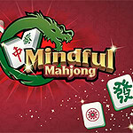 En rød baggrund med Mahjong-brikker og en grøn drage omkransende teksten Mindful Mahjong