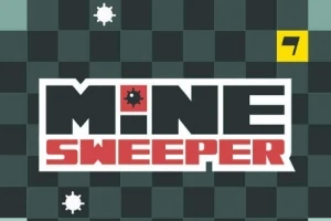 Titelgrafik med ordet Minesweeper i store blokbogstaver på en mørkternet baggrund med hvide ikoner og tallet syv i en gul firkant