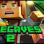 En pixeleret karakter med en fakkel og gyldne blokke står foran titlen Minecaves 2