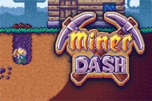 En pixelgrafik viser en minearbejder, der graver i jorden ved siden af et hus, med et stort skilt med teksten Miner Dash over