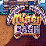 En pixelgrafik viser en minearbejder, der graver i jorden ved siden af et hus, med et stort skilt med teksten Miner Dash over