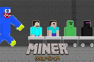 Pixelgrafik med figurer i vogne, en stor blå karakter med gule fødder til venstre og teksten Miner GokartCraft nederst