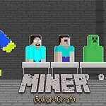 Pixelgrafik med figurer i vogne, en stor blå karakter med gule fødder til venstre og teksten Miner GokartCraft nederst