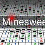 En tabel med tal i forskellige farver og sorte symboler på en hvid baggrund med ordet Minesweeper ovenpå