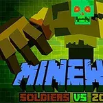 En stor, grøn zombiefigur i blokstil med rødglødende øjne og teksten MineWar: Soldiers vs Zombies nedenunder