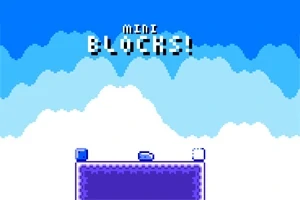 Blåt og hvidt pixel-art landskab med ordet MINI BLOCKS!